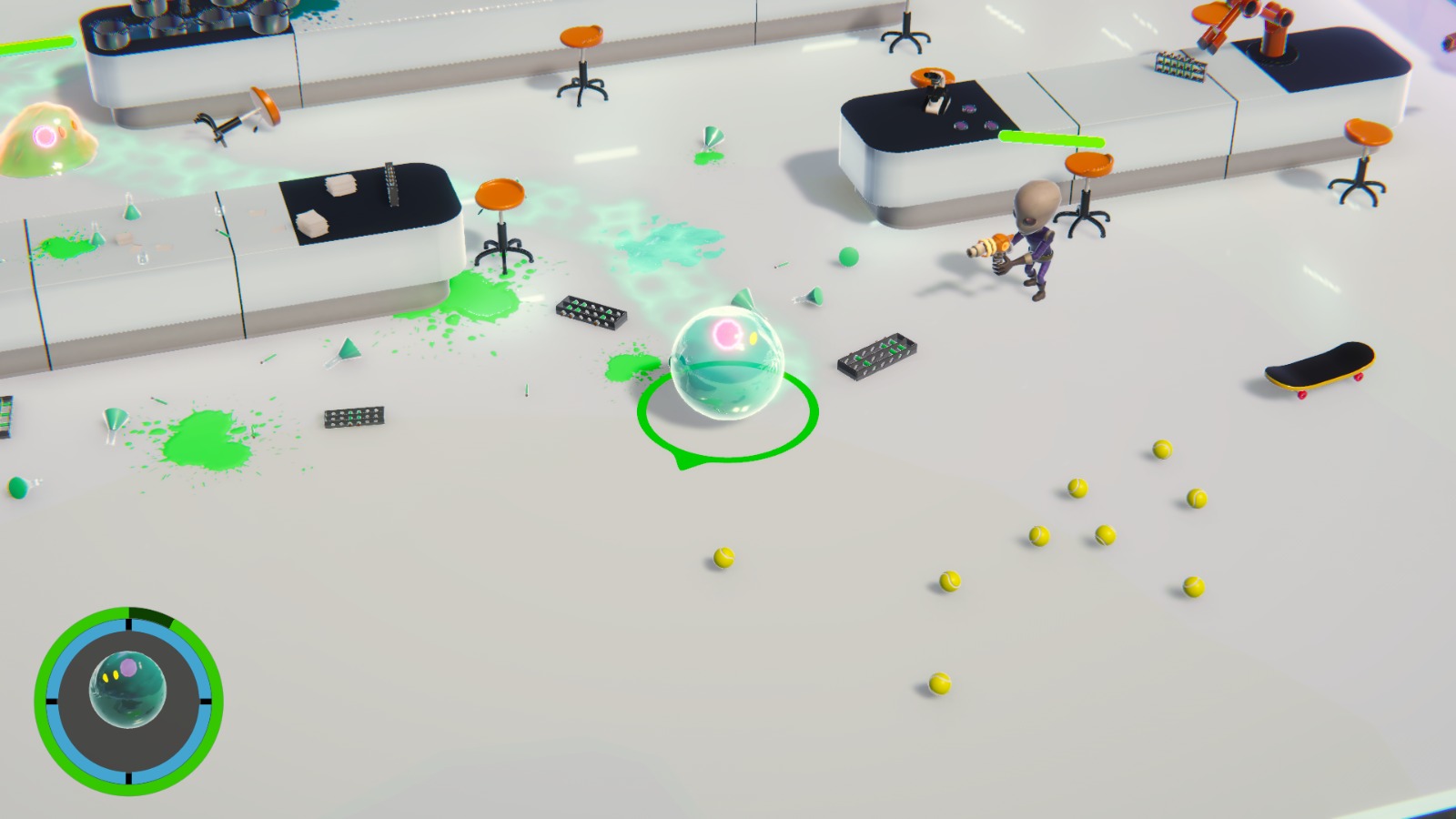 A slime operator pushing a containment orb through the lab