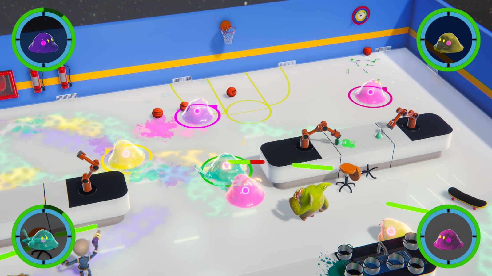 A four-slime squad mid-mission with player portraits on the HUD