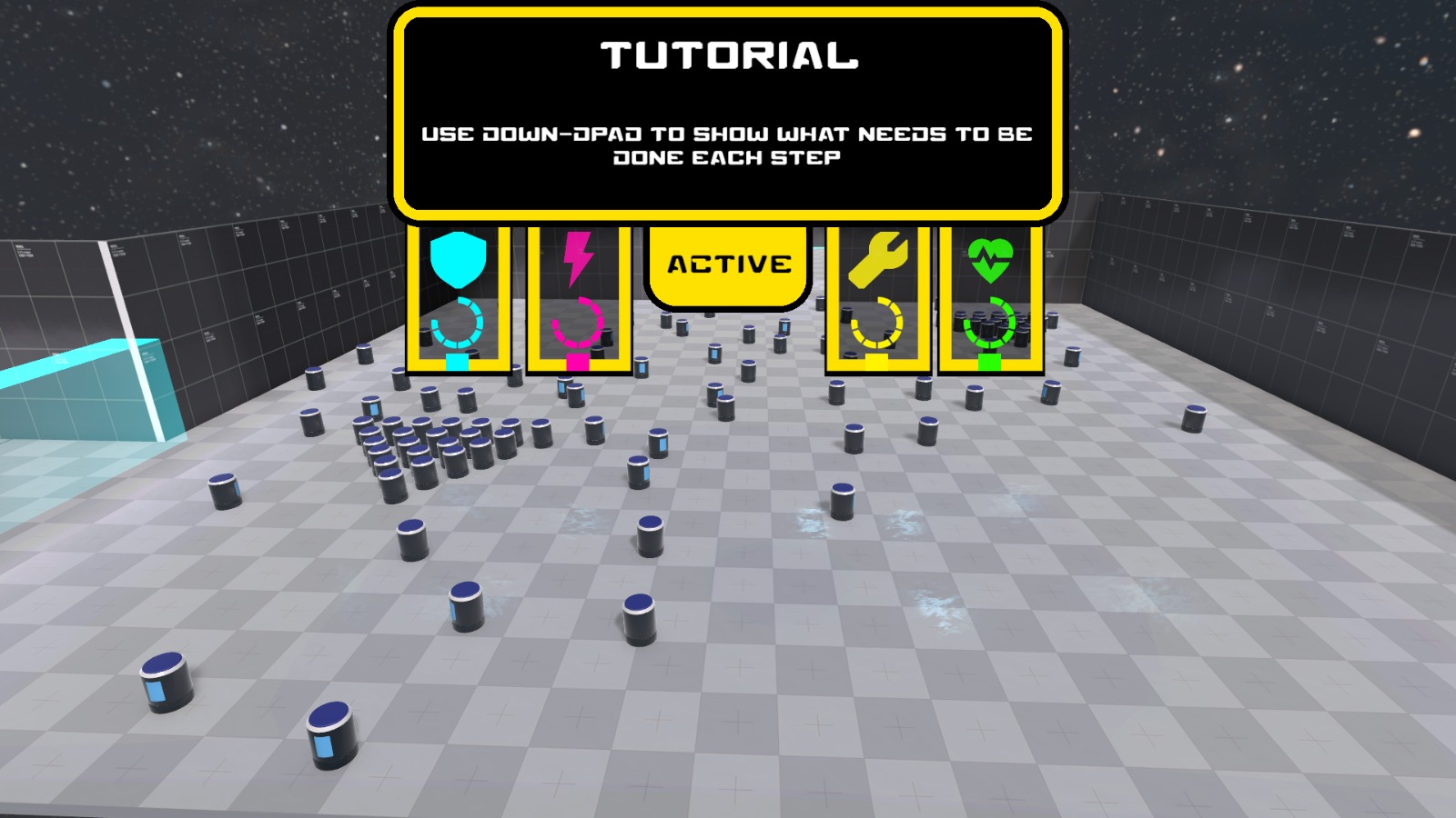 A tutorial prompt above the mission status board on the training deck