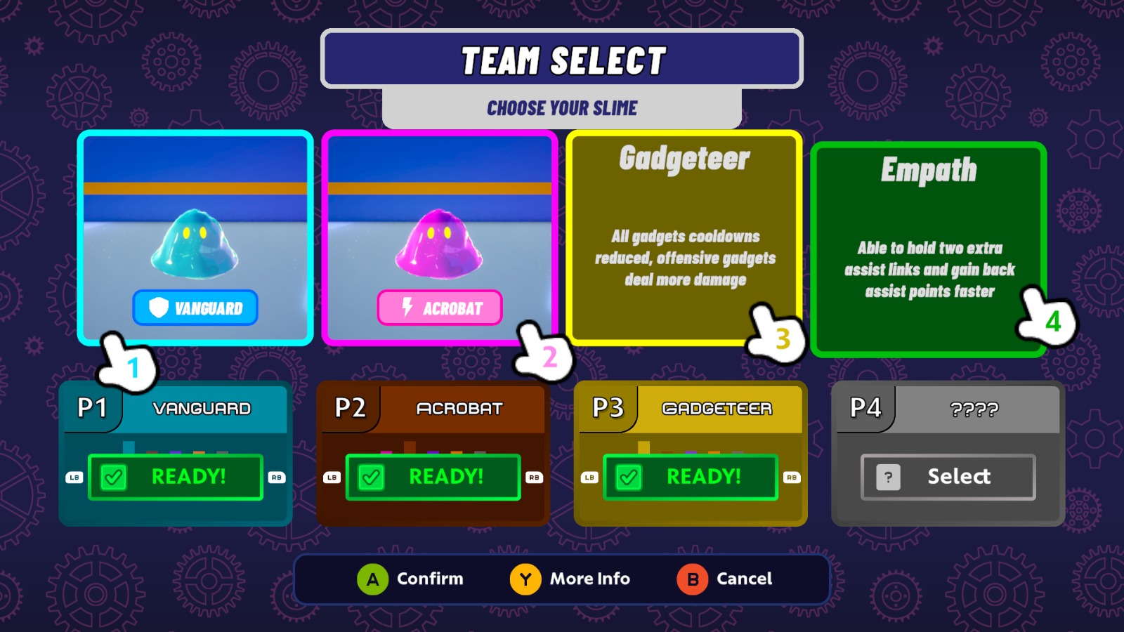 Team select: four players locking in the Vanguard, Acrobat, Gadgeteer and Empath classes