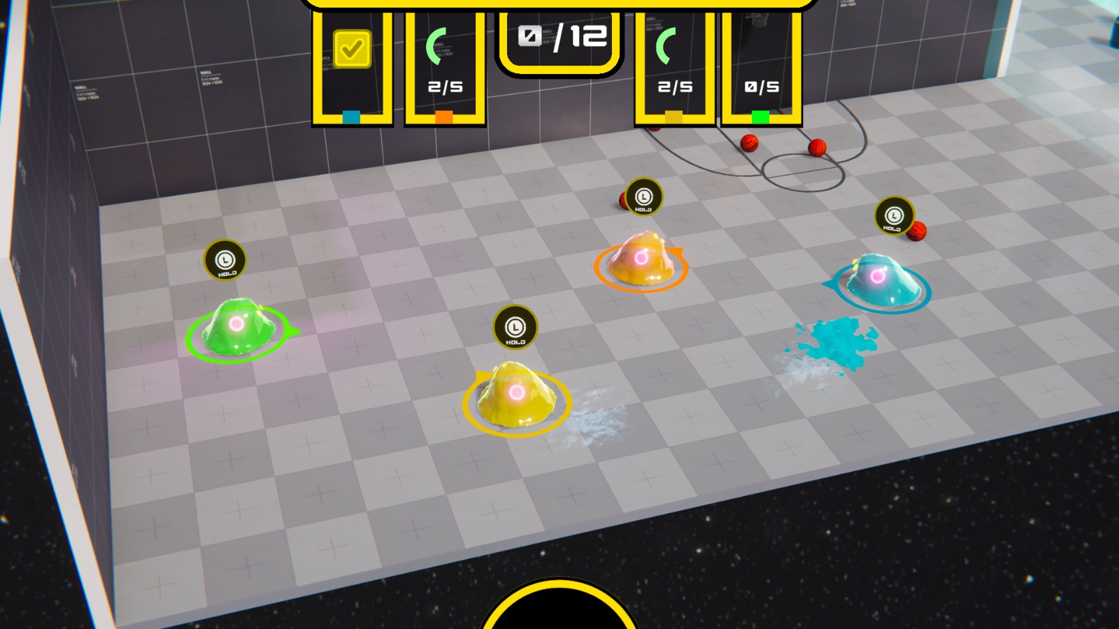 Four slime operators spread across a lab floor, holding their objective points